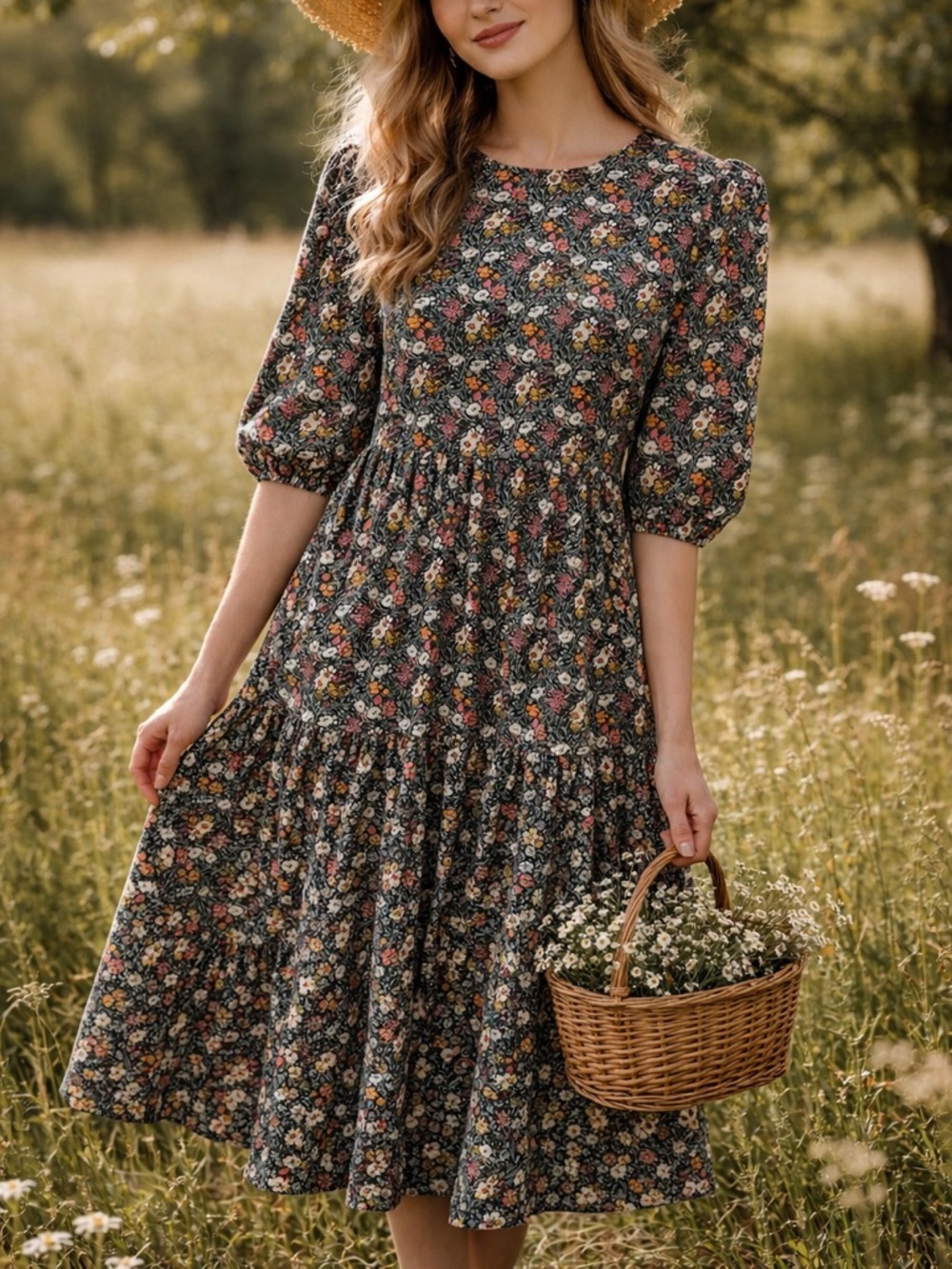 Charles Henry Floral Midi Dress Cottagecore Puff Sleeve Keyhole S